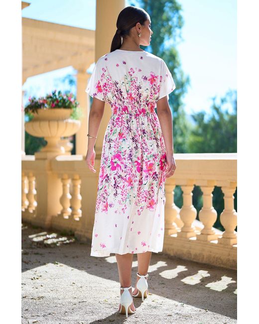 Yumi' Pink Mirror Floral Print Ruched Waist Kimono Midi Dress