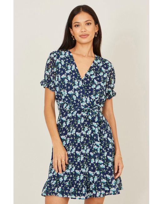 Yumi' Blue Floral Skater Wrap Dress