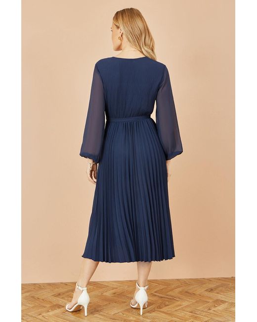 Yumi' Blue Pleated Wrap Midi Dress With Sheer Long Sleeves