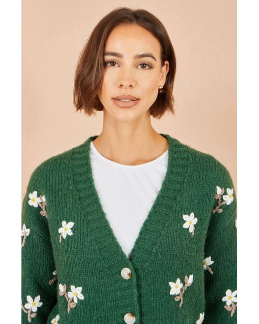 Yumi' Green Hand Embroidered Chunky Knitted Cardigan