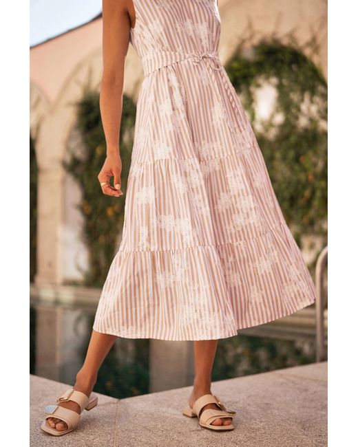 Yumi' Pink Stripe With Embroidered Flower Cotton Dress