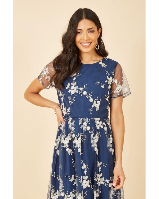 Yumi' Blue Embroidered Floral Skater Dress