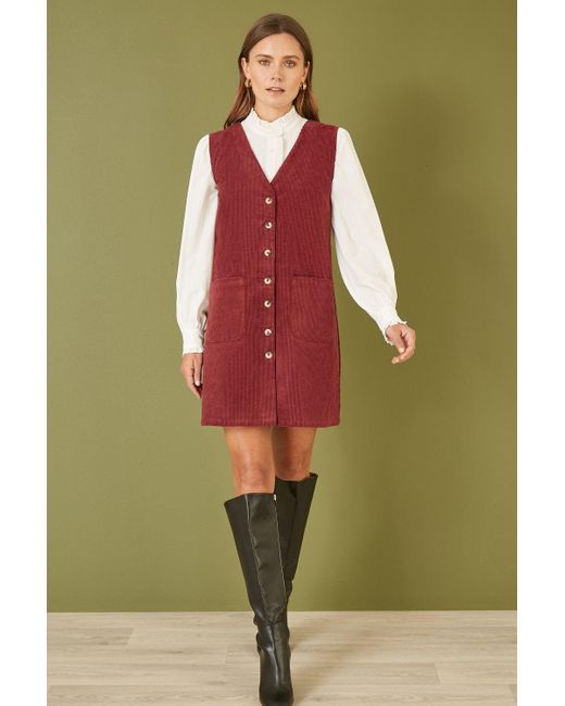 Yumi' Red Cord Button Through Pinafore Dress With Pockets