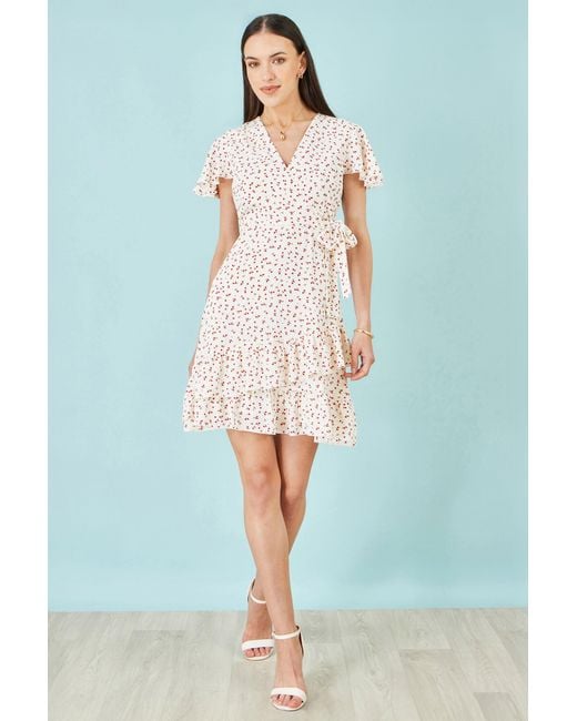 Yumi' White Ditsy Print Frill Wrap Dress
