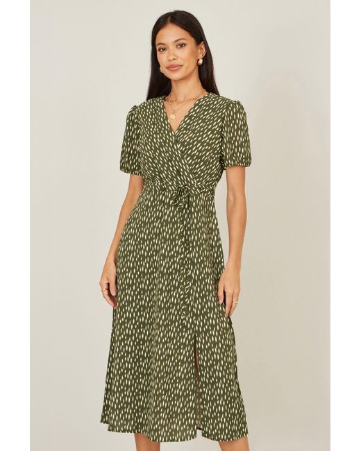 Yumi' Green Spot Wrap Midi Tea Dress