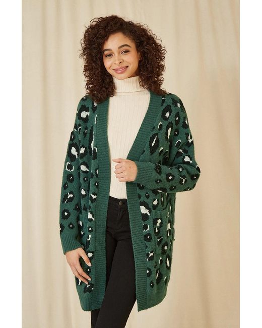 Yumi' Green Animal Intarsia Long Cardigan