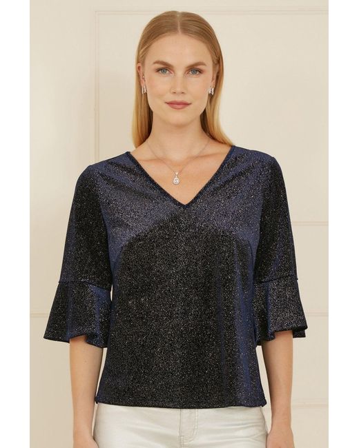 Yumi' Black Sparkle Velvet Relaxed Fit Top With Fluted Sleeves