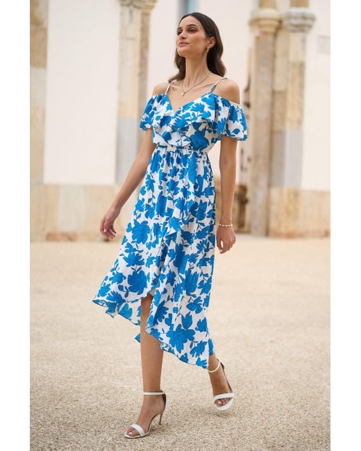 Yumi' Blue Floral Print Bardot Midi Dress With Dip Hem