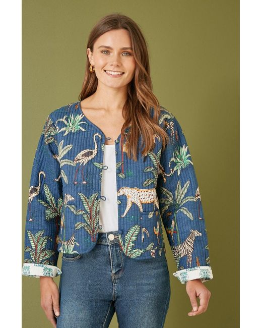 Yumi' Blue Animal Print Reversible Cotton Cropped Quilted Jacket