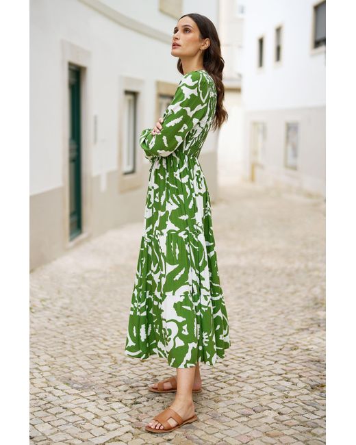 Yumi' Green Abstract Print Ruched Midi Dress With Long Sleeves