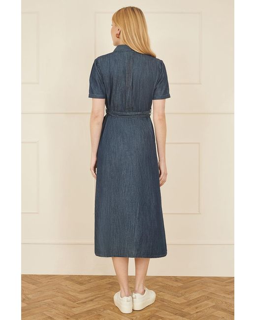 Yumi' Blue Chambray Utility Midi Denim Shirt Dress