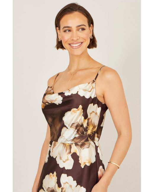Yumi' Natural Cowl Neck Satin Floral Dress