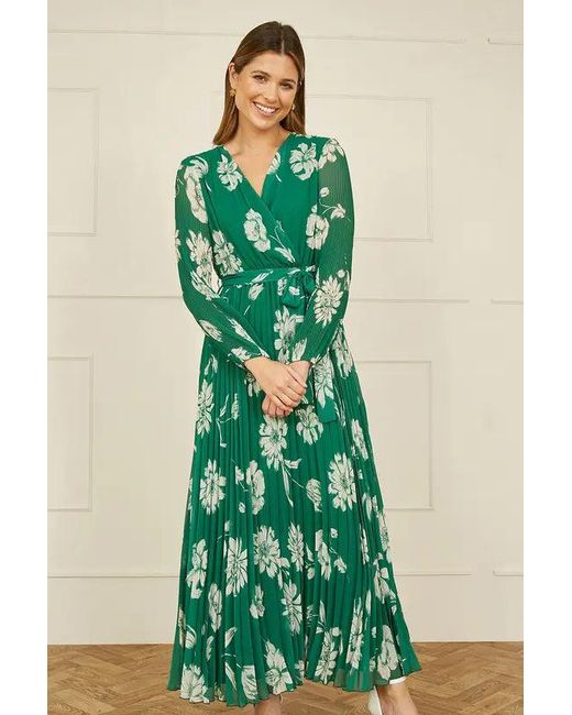 Yumi' Green Floral Pleated Midi Wrap Long Sleeve Dress