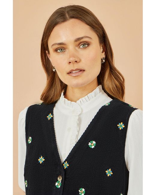 Yumi' Black Flower Embroidered Button Up Pinafore Dress