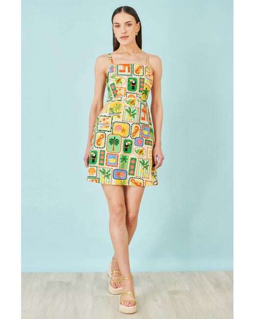 Yumi' Green Multicolour Postcard Print Mini Sun Dress