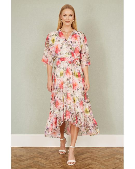 Yumi' Pink Vintage Floral Wrap Midi Dress With Frill