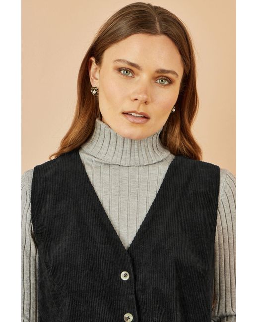 Yumi' Black Cord Button Through Pinafore Dress With Pockets