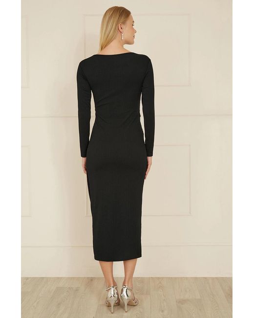 Yumi' Black Midi Fitted Stretch Dress With Knot Detail