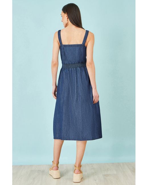 Yumi' Blue Chambray Cotton Ruched Midi Sun Dress