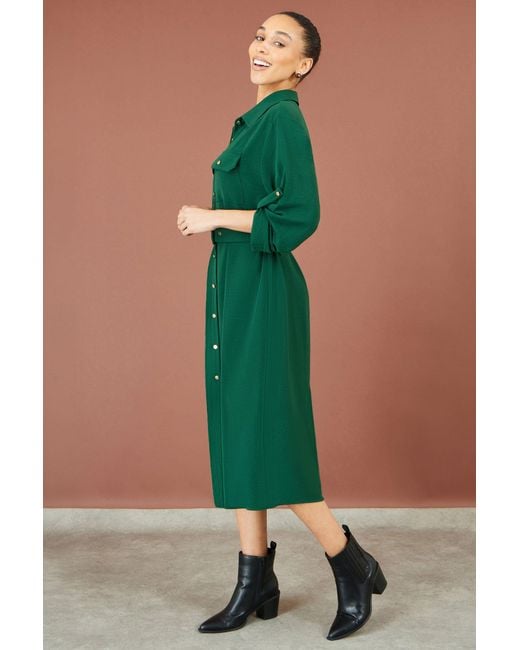 Yumi' Green Stretch Midi Shirt Dress