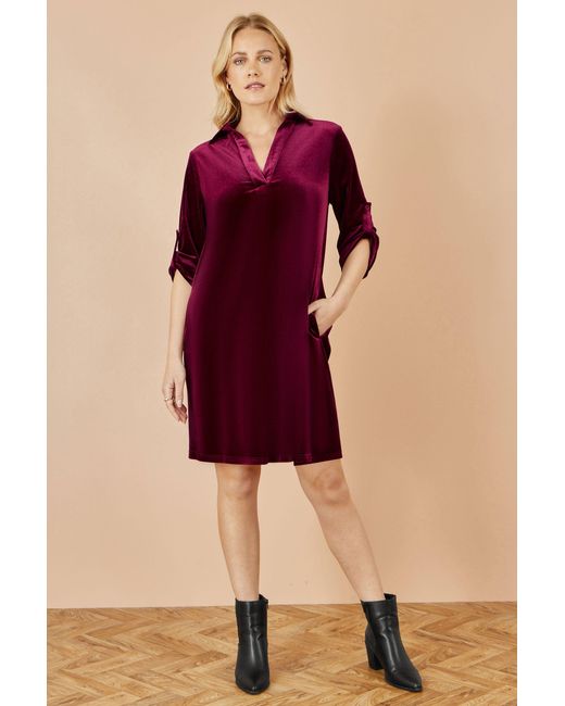 Yumi' Red Velvet Tunic Dress With 3/4 Sleeves