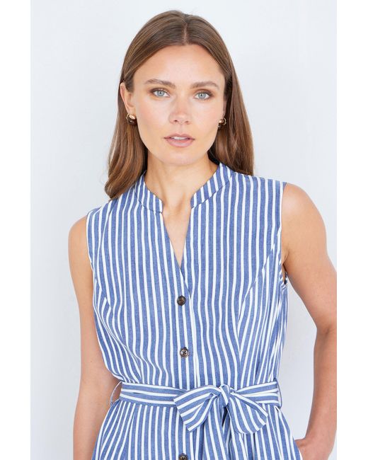 Yumi' Blue Stripe Midi Sleeveless Shirt Dress