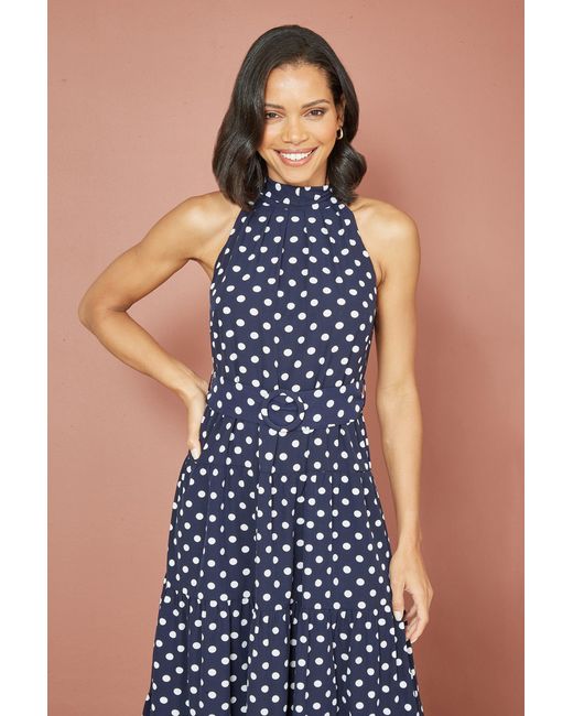 Yumi' Blue Spot Print Halter Midi Dress With Matching Belt