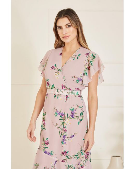 Yumi' Natural Blush Wrap Over Midi Dress With Frill Details And Matching Belt