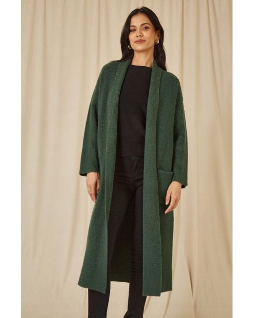 Yumi' Green Knitted Maxi Cardigan With Pockets