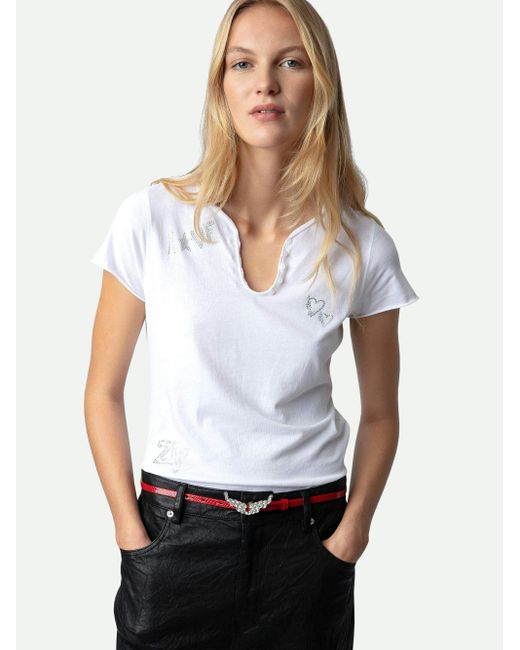 Zadig & Voltaire White T-shirt Mit Henley-ausschnitt Strass