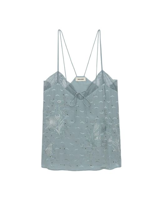 Zadig & Voltaire Blue Capela Lace-Embroidered Silk Cami Top
