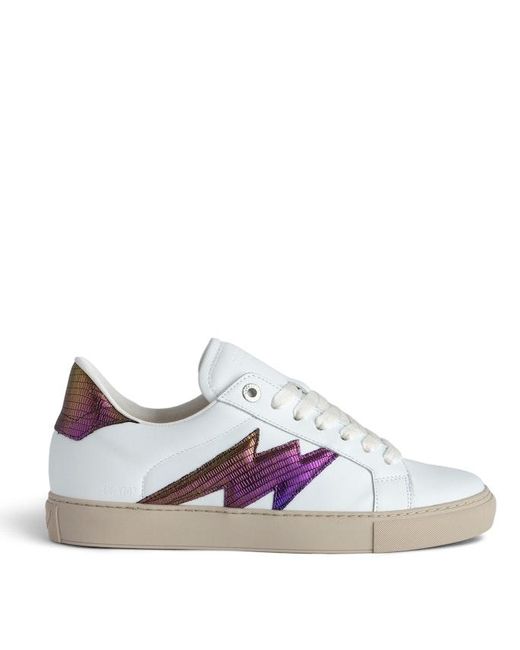 Zadig & Voltaire White La Flash Lightening-Bolt Leather Low-Top Trainers
