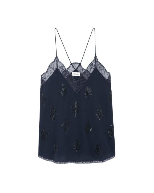 Zadig & Voltaire Blue Christy Lace-trim Silk Camisole Top