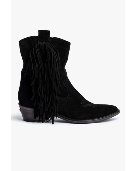 Zadig & Voltaire Pilar High Suede Fringe Boots in Black | Lyst
