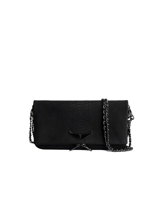 Zadig & Voltaire Black Rock Python-Embossed Wing-Embellished Leather Clutch