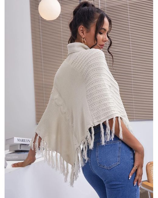 ZAFUL Women's Fringed Asymmetrical Turtleneck Poncho Jumper - Brown - Ponchos