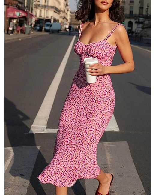 Zaful Dating Vacation Ditsy Floral Print Ruched Bust Ruffles Midi Bodycon  Dress in Pink | Lyst