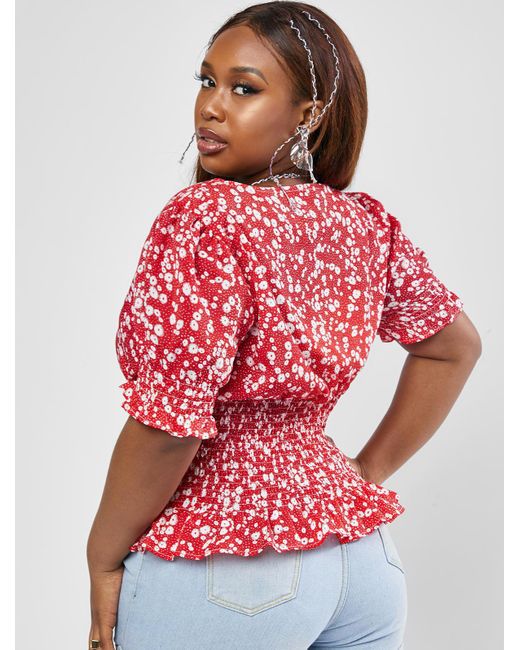 Zaful Plus Size Ditsy Print Smocked Detail Puff Sleeve Blouse in Red | Lyst