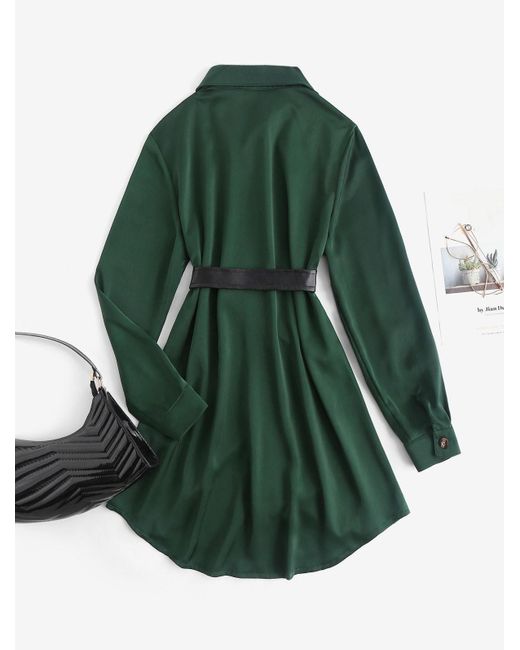 Zaful Denim Long Sleeve Silky Long Sleeve Mini Shirt Dress Without Belt in  Green | Lyst