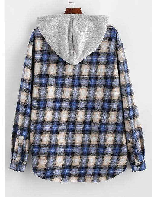 Zaful Men's Fuzzy Flannel Plaid Fluffy Lined Colorblock Hooded Shirt Jacket  in Blue for Men | Lyst