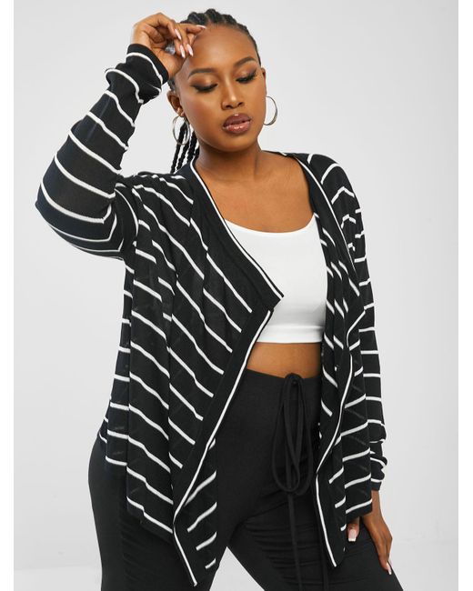 Zaful Plus Size Striped Draped Open Front Cardigan in Black | Lyst