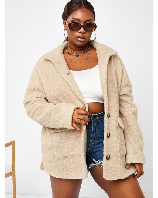 Zaful Plus Size Double Pockets Faux Shearling Coat in Natural | Lyst