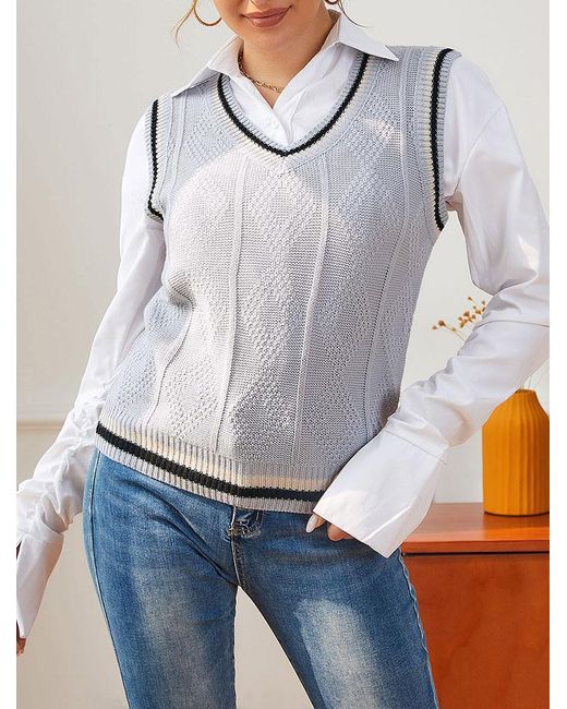 Zaful Striped Trim Argyle Knit Sweater 