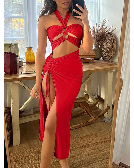 Zaful Bodycon Dress O-ring Cinched Cut Out Thigh High Slit Halter Vegas  Dress in Red | Lyst