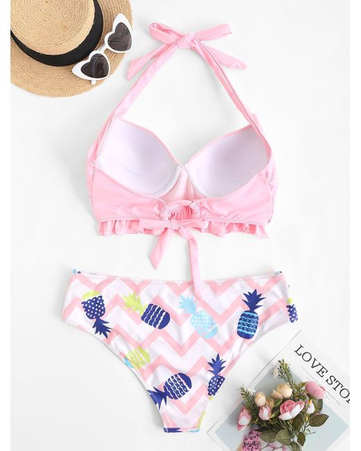 Zaful Bikini Plus Size Halter Pineapple Chevron Ruffle Push Up Bikini  Swimwear Xl in Light Pink (Pink) | Lyst