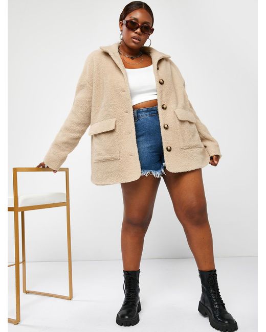 Zaful Plus Size Double Pockets Faux Shearling Coat in Natural | Lyst UK