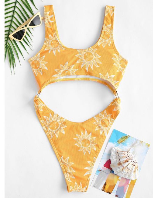 Zaful One Piece Ribbed Sun O-ring Cut Out One-piece Swimsuit in Yellow |  Lyst