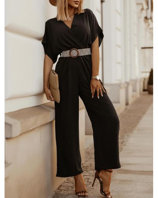 Zaful Jumpsuit Batwing Sleeve Belted Surplice Wide Leg Jumpsuit | Lyst