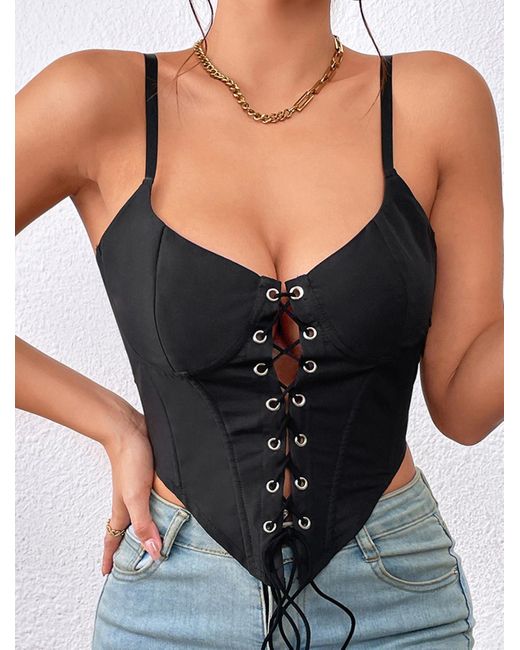 Zaful Sexy Date Night Fishbone Corset Detail Lace Up Bustier Cupped Design  Spaghetti Strap Cami Top in Black | Lyst