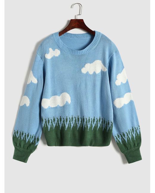 Zaful Blue Cloud Grass Graphic Lantern Sleeve Sweater